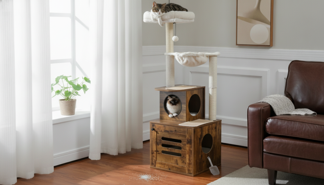 Wood Cat Tree Tower with Hidden Litter Box & Posts